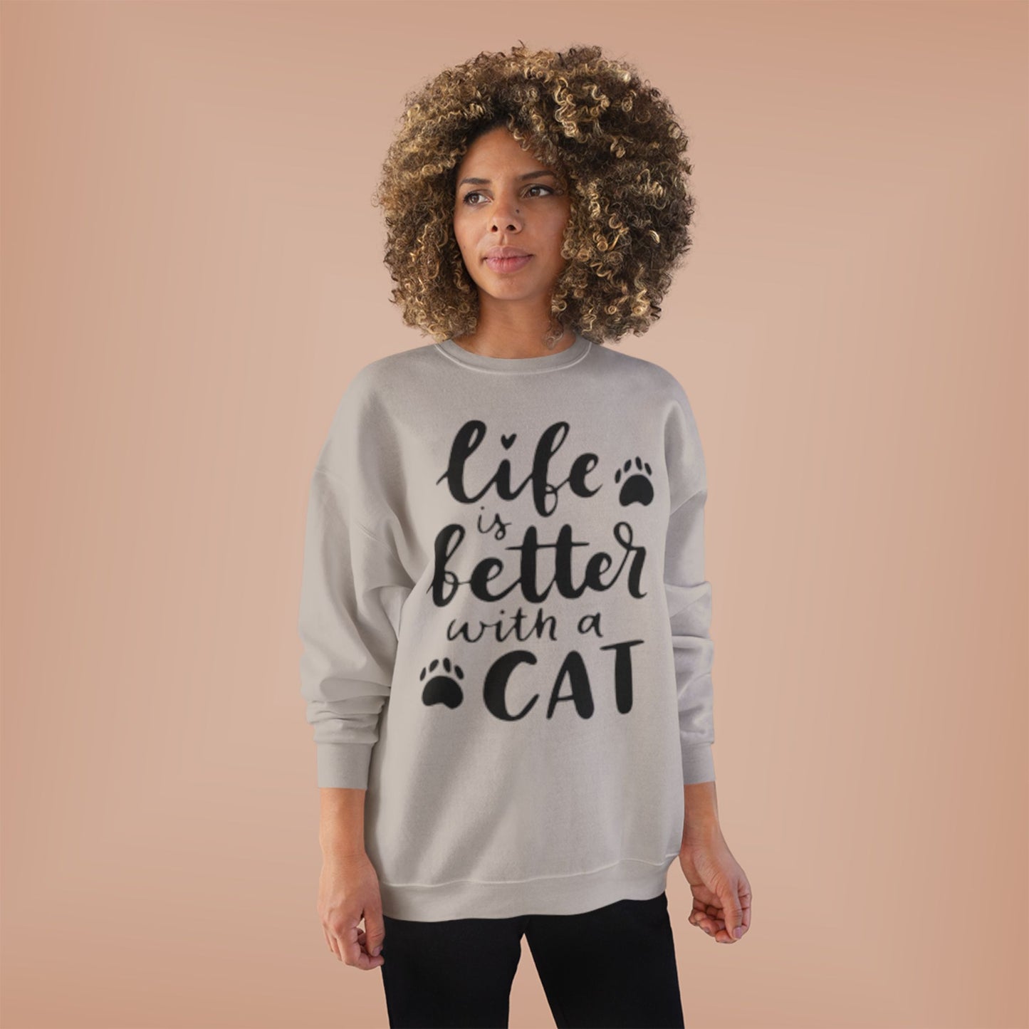 Eco-Friendly Cat Lover Crewneck Sweatshirt – 'Life is Better with a Cat'