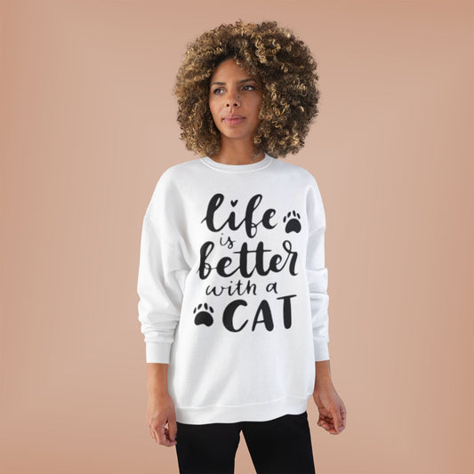 Eco-Friendly Cat Lover Crewneck Sweatshirt – 'Life is Better with a Cat'
